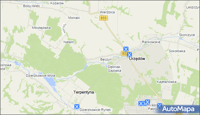 mapa Bęczyn gmina Urzędów, Bęczyn gmina Urzędów na mapie Targeo