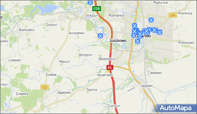 mapa Będzieszyn gmina Pruszcz Gdański, Będzieszyn gmina Pruszcz Gdański na mapie Targeo