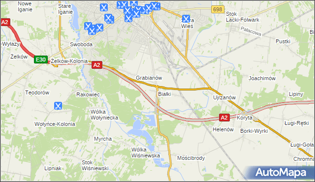 mapa Białki gmina Siedlce, Białki gmina Siedlce na mapie Targeo