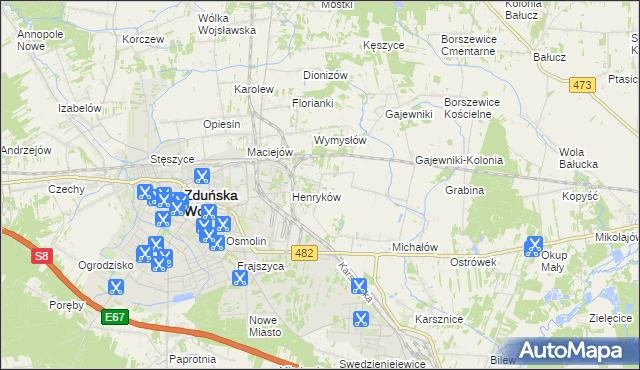 mapa Biały Ług gmina Zduńska Wola, Biały Ług gmina Zduńska Wola na mapie Targeo