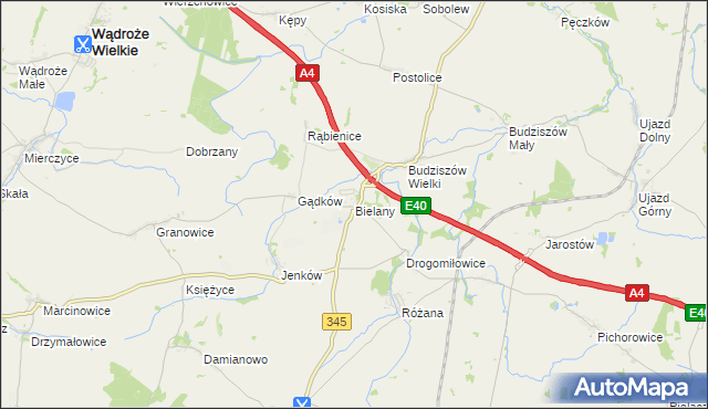 mapa Bielany gmina Wądroże Wielkie, Bielany gmina Wądroże Wielkie na mapie Targeo