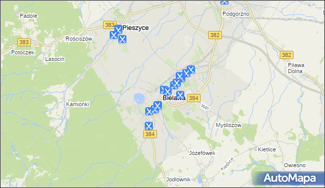 mapa Bielawa powiat dzierżoniowski, Bielawa powiat dzierżoniowski na mapie Targeo