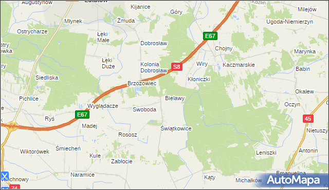 mapa Bielawy gmina Lututów, Bielawy gmina Lututów na mapie Targeo