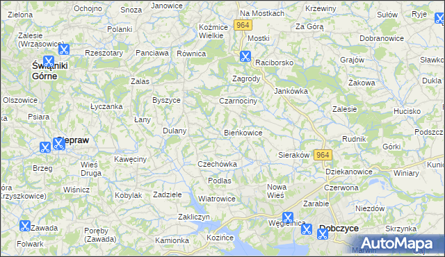 mapa Bieńkowice gmina Dobczyce, Bieńkowice gmina Dobczyce na mapie Targeo