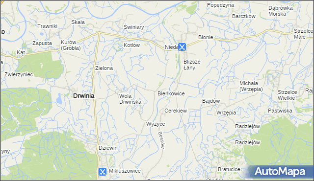 mapa Bieńkowice gmina Drwinia, Bieńkowice gmina Drwinia na mapie Targeo