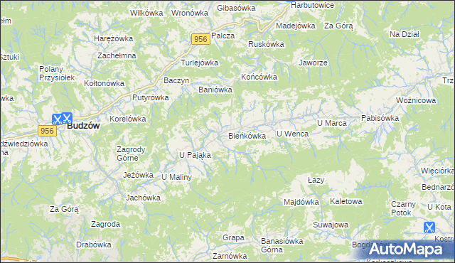 mapa Bieńkówka gmina Budzów, Bieńkówka gmina Budzów na mapie Targeo