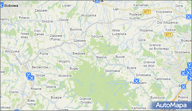 mapa Bieśnik gmina Łużna, Bieśnik gmina Łużna na mapie Targeo