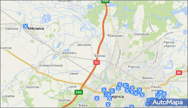 mapa Bobrów gmina Miłkowice, Bobrów gmina Miłkowice na mapie Targeo