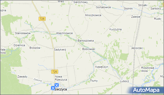mapa Bobrowiec gmina Rzeczyca, Bobrowiec gmina Rzeczyca na mapie Targeo