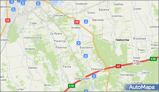 mapa Bobrowniki gmina Nieborów, Bobrowniki gmina Nieborów na mapie Targeo