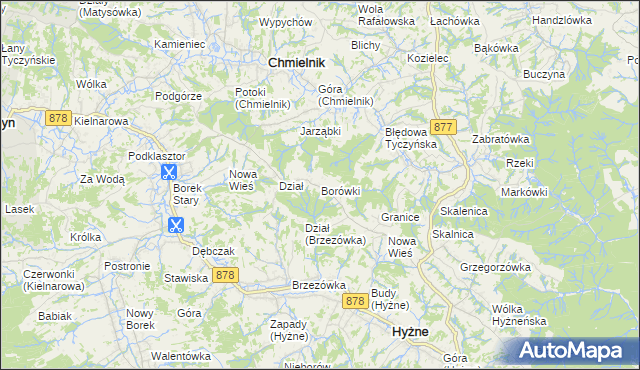 mapa Borówki gmina Chmielnik, Borówki gmina Chmielnik na mapie Targeo