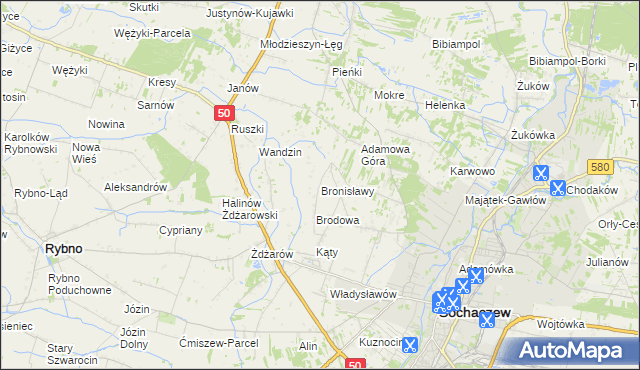 mapa Bronisławy gmina Sochaczew, Bronisławy gmina Sochaczew na mapie Targeo