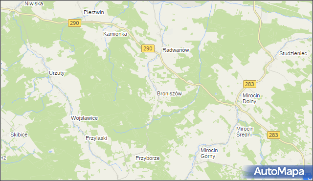 mapa Broniszów gmina Kożuchów, Broniszów gmina Kożuchów na mapie Targeo