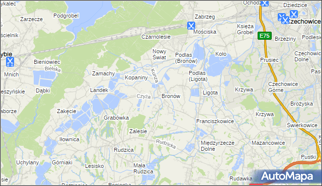 mapa Bronów gmina Czechowice-Dziedzice, Bronów gmina Czechowice-Dziedzice na mapie Targeo