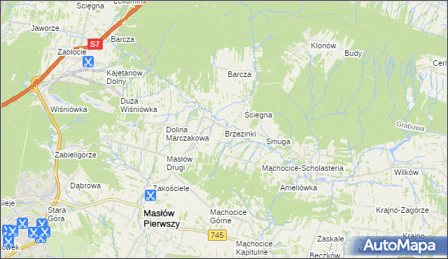 mapa Brzezinki gmina Masłów, Brzezinki gmina Masłów na mapie Targeo