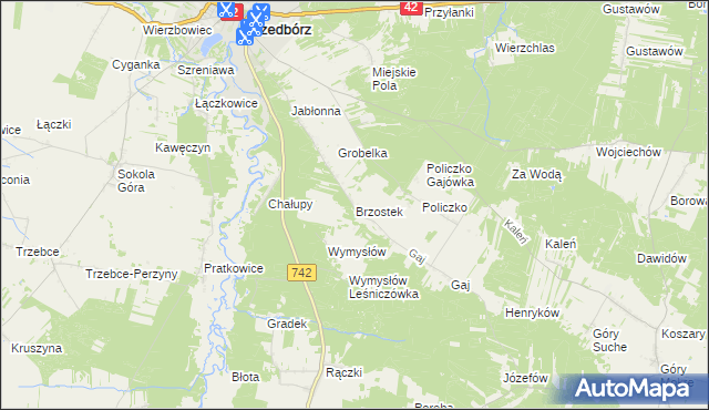 mapa Brzostek gmina Przedbórz, Brzostek gmina Przedbórz na mapie Targeo