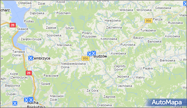 mapa Budzów powiat suski, Budzów powiat suski na mapie Targeo