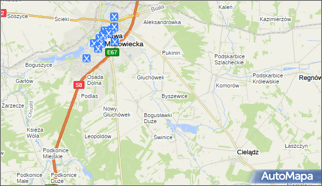 mapa Byszewice gmina Rawa Mazowiecka, Byszewice gmina Rawa Mazowiecka na mapie Targeo