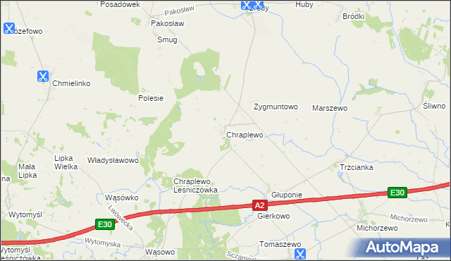 mapa Chraplewo gmina Kuślin, Chraplewo gmina Kuślin na mapie Targeo