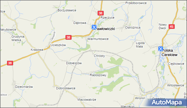 mapa Chrósty gmina Pawłowiczki, Chrósty gmina Pawłowiczki na mapie Targeo