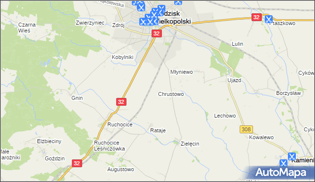 mapa Chrustowo gmina Grodzisk Wielkopolski, Chrustowo gmina Grodzisk Wielkopolski na mapie Targeo