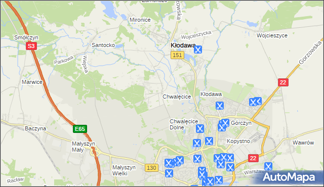 mapa Chwalęcice gmina Kłodawa, Chwalęcice gmina Kłodawa na mapie Targeo