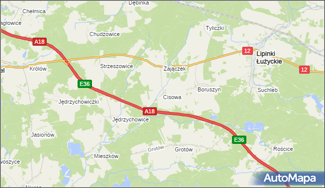 mapa Cisowa gmina Lipinki Łużyckie, Cisowa gmina Lipinki Łużyckie na mapie Targeo