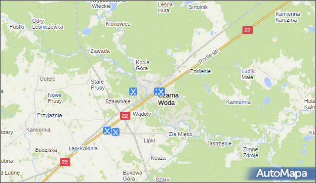 mapa Czarna Woda powiat starogardzki, Czarna Woda powiat starogardzki na mapie Targeo