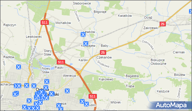 mapa Czekanów gmina Ostrów Wielkopolski, Czekanów gmina Ostrów Wielkopolski na mapie Targeo