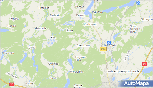 mapa Częstkowo gmina Kościerzyna, Częstkowo gmina Kościerzyna na mapie Targeo