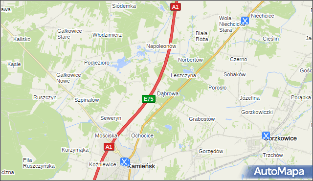 mapa Dąbrowa gmina Kamieńsk, Dąbrowa gmina Kamieńsk na mapie Targeo