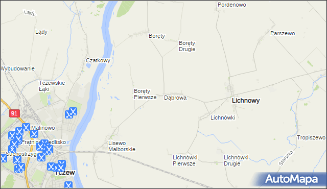 mapa Dąbrowa gmina Lichnowy, Dąbrowa gmina Lichnowy na mapie Targeo