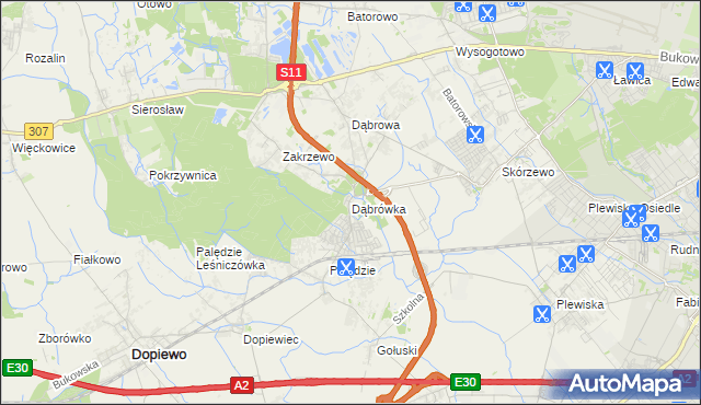 mapa Dąbrówka gmina Dopiewo, Dąbrówka gmina Dopiewo na mapie Targeo