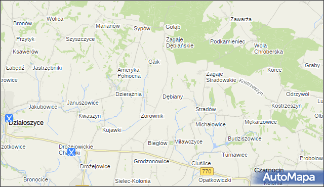 mapa Dębiany gmina Działoszyce, Dębiany gmina Działoszyce na mapie Targeo