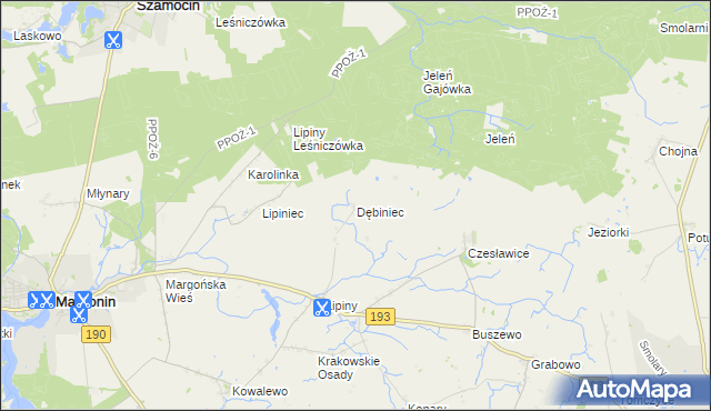 mapa Dębiniec gmina Margonin, Dębiniec gmina Margonin na mapie Targeo