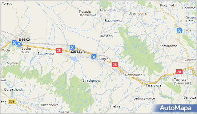 mapa Długie gmina Zarszyn, Długie gmina Zarszyn na mapie Targeo