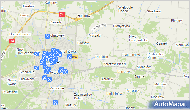 mapa Dobiecin gmina Bełchatów, Dobiecin gmina Bełchatów na mapie Targeo