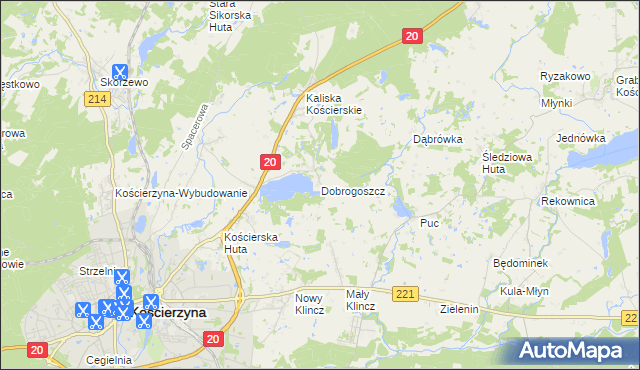 mapa Dobrogoszcz gmina Kościerzyna, Dobrogoszcz gmina Kościerzyna na mapie Targeo