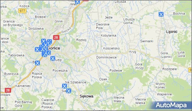 mapa Dominikowice gmina Gorlice, Dominikowice gmina Gorlice na mapie Targeo