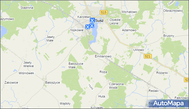 mapa Emilianowo gmina Susz, Emilianowo gmina Susz na mapie Targeo