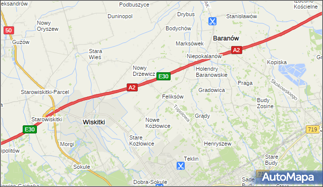 mapa Feliksów gmina Wiskitki, Feliksów gmina Wiskitki na mapie Targeo