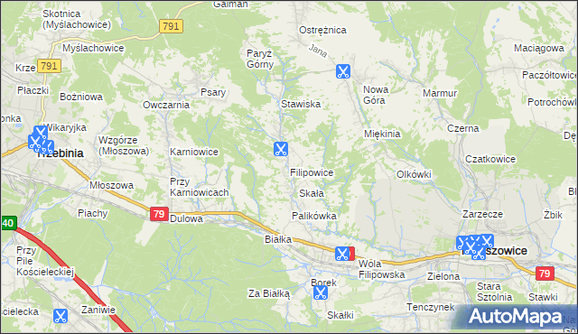 mapa Filipowice gmina Krzeszowice, Filipowice gmina Krzeszowice na mapie Targeo