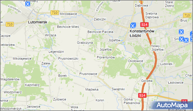 mapa Florentynów gmina Lutomiersk, Florentynów gmina Lutomiersk na mapie Targeo