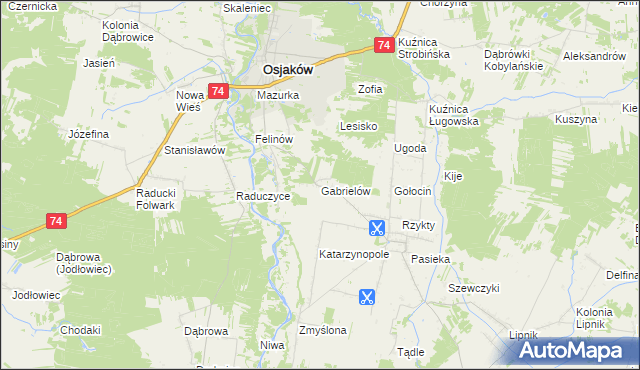 mapa Gabrielów gmina Osjaków, Gabrielów gmina Osjaków na mapie Targeo