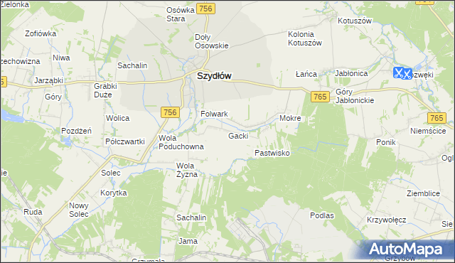 mapa Gacki gmina Szydłów, Gacki gmina Szydłów na mapie Targeo