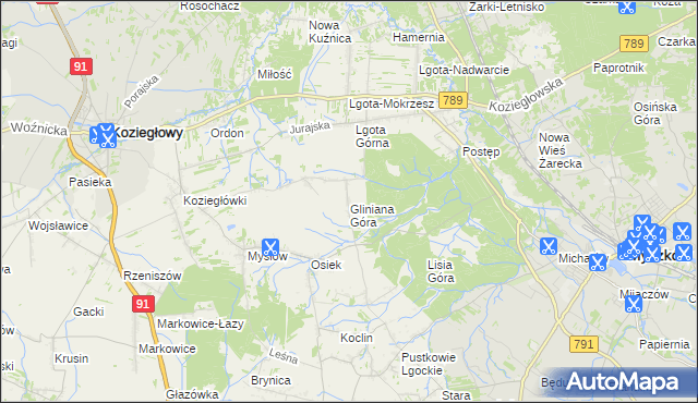 mapa Gliniana Góra gmina Koziegłowy, Gliniana Góra gmina Koziegłowy na mapie Targeo