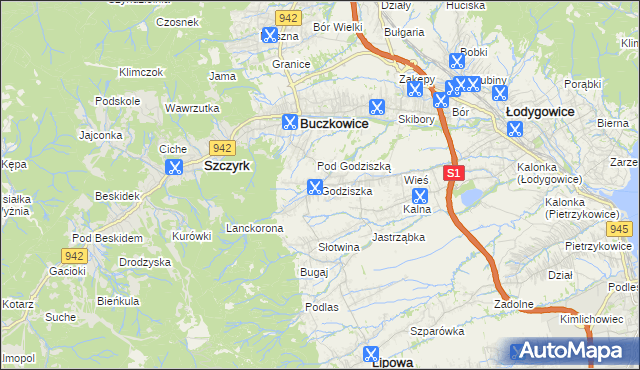 mapa Godziszka gmina Buczkowice, Godziszka gmina Buczkowice na mapie Targeo