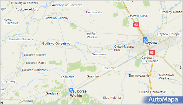 mapa Gostkowo gmina Szulborze Wielkie, Gostkowo gmina Szulborze Wielkie na mapie Targeo