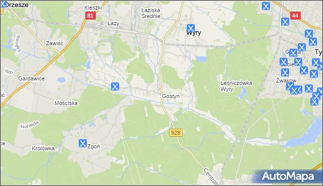 mapa Gostyń gmina Wyry, Gostyń gmina Wyry na mapie Targeo