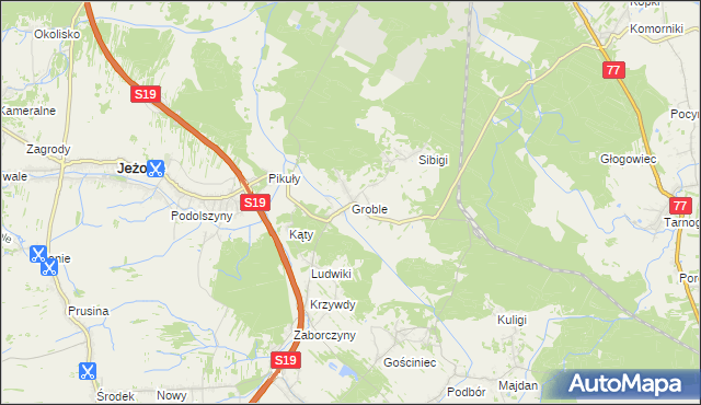 mapa Groble gmina Jeżowe, Groble gmina Jeżowe na mapie Targeo